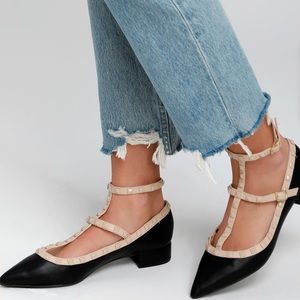 BLACK STRAPPY STUDDED POINTED TOE HEELS